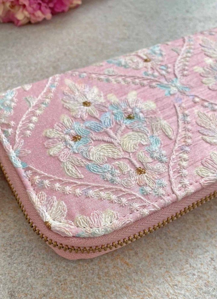 Baby Pink Embroidered Zip Wallet AMYRA - Fabilicious Fashion