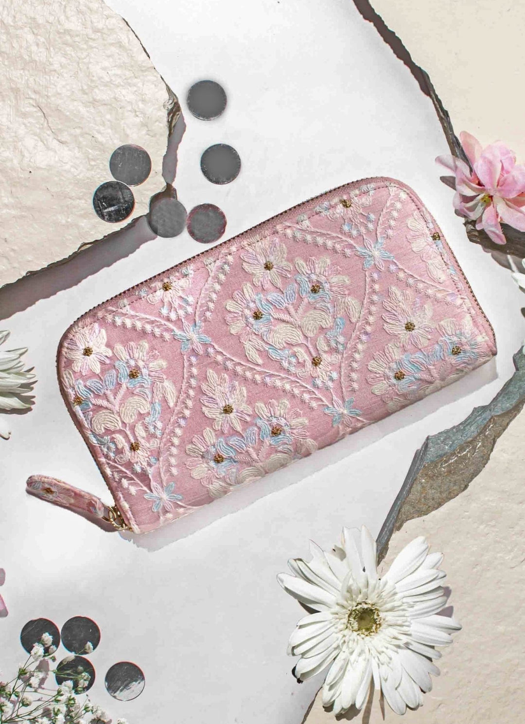 Baby Pink Embroidered Zip Wallet AMYRA - Fabilicious Fashion
