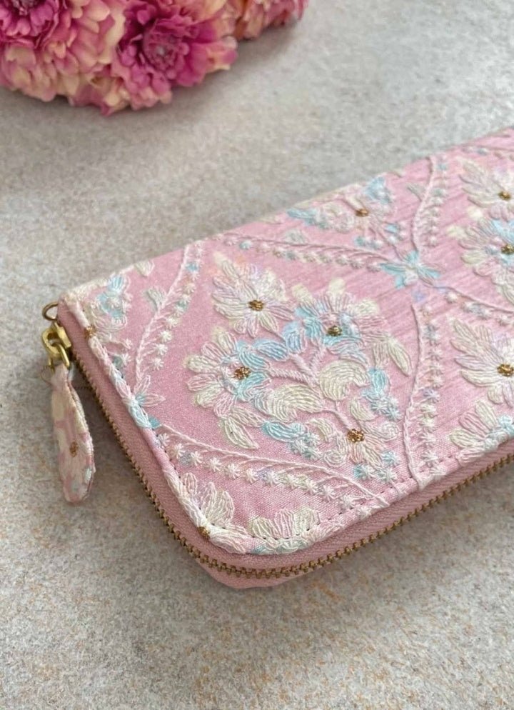 Baby Pink Embroidered Zip Wallet AMYRA - Fabilicious Fashion