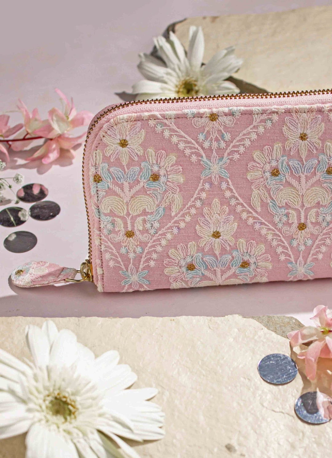 Baby Pink Embroidered Zip Wallet AMYRA - Fabilicious Fashion