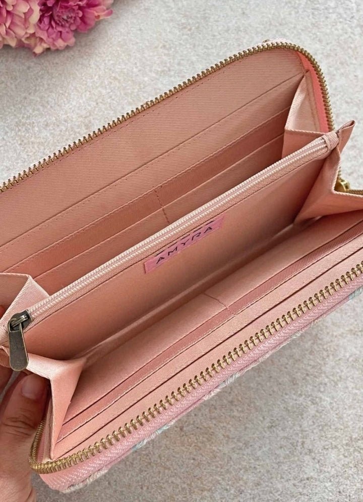 Baby Pink Embroidered Zip Wallet AMYRA - Fabilicious Fashion