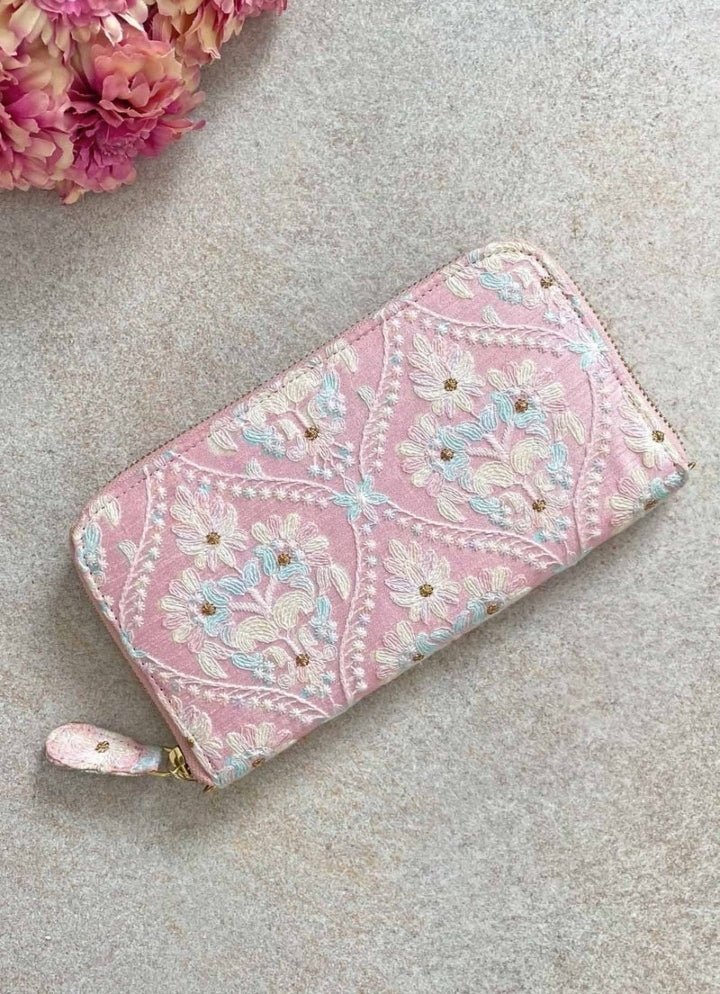Baby Pink Embroidered Zip Wallet AMYRA - Fabilicious Fashion