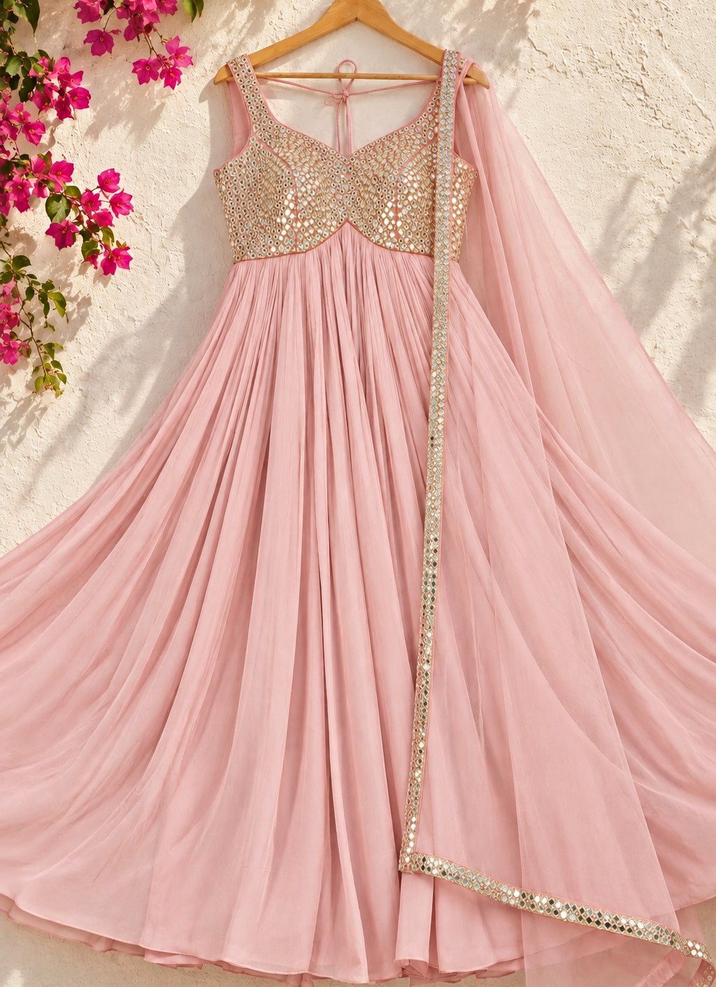 Anisha Shetty Baby Pink Mirrorwork Georgette Anarkali SetFabilicious Fashion