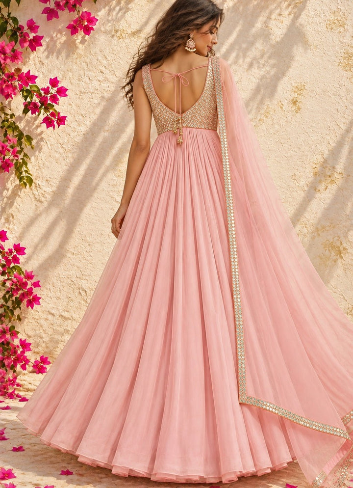 Anisha Shetty Baby Pink Mirrorwork Georgette Anarkali SetFabilicious Fashion