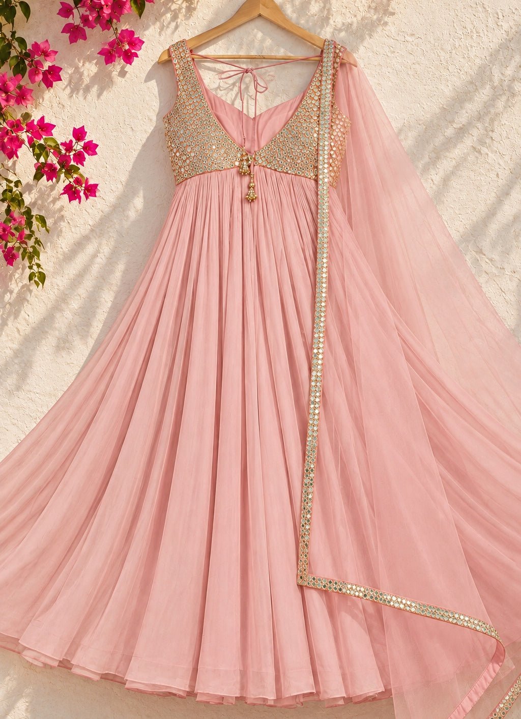 Anisha Shetty Baby Pink Mirrorwork Georgette Anarkali SetFabilicious Fashion