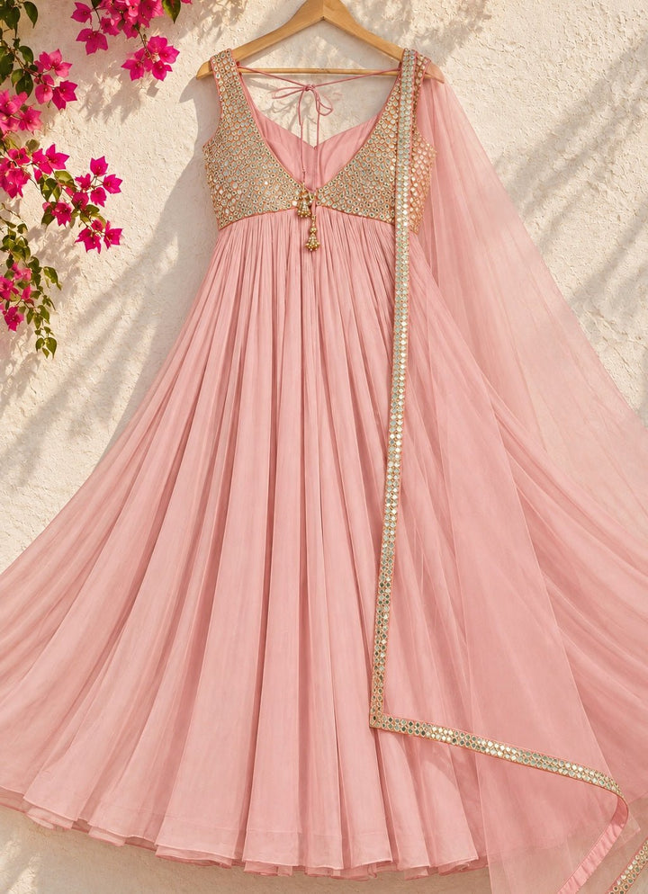 Anisha Shetty Baby Pink Mirrorwork Georgette Anarkali SetFabilicious Fashion