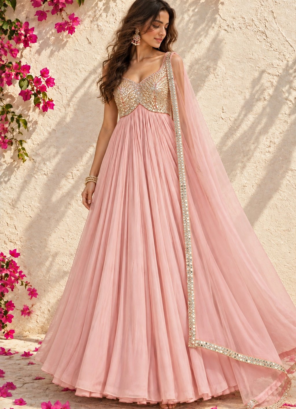 Anisha Shetty Baby Pink Mirrorwork Georgette Anarkali SetFabilicious Fashion