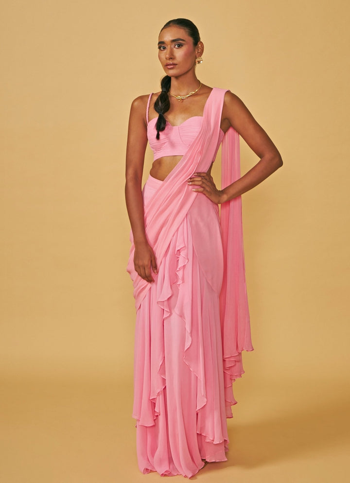 Baby Pink Pre Draped Pure Georgette Ruffle Saree Set With Bustier Blouse Ankita Bajaj Label - Fabilicious Fashion