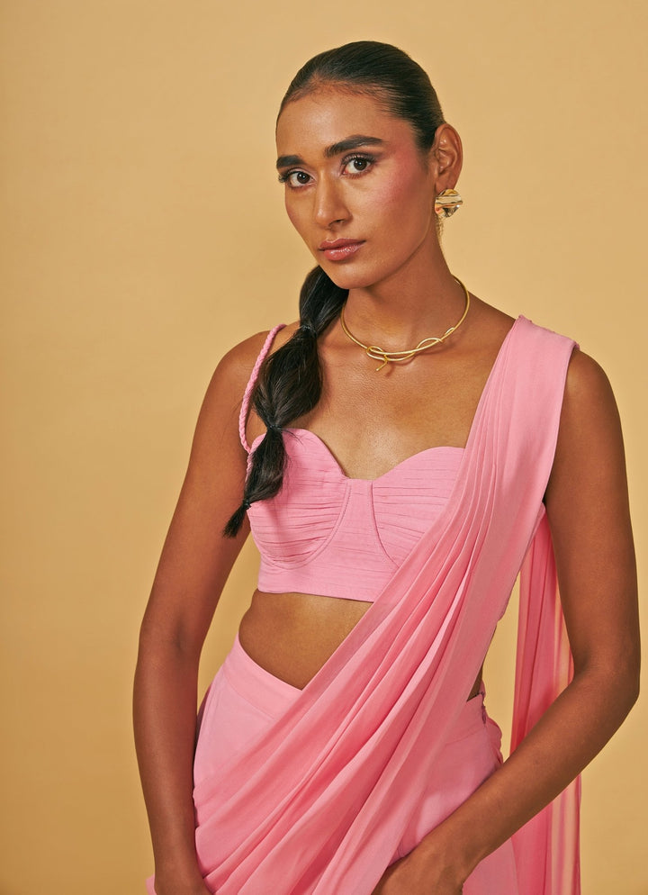 Baby Pink Pre Draped Pure Georgette Ruffle Saree Set With Bustier Blouse Ankita Bajaj Label - Fabilicious Fashion