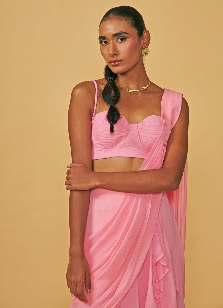 Baby Pink Pre Draped Pure Georgette Ruffle Saree Set With Bustier Blouse Ankita Bajaj Label - Fabilicious Fashion