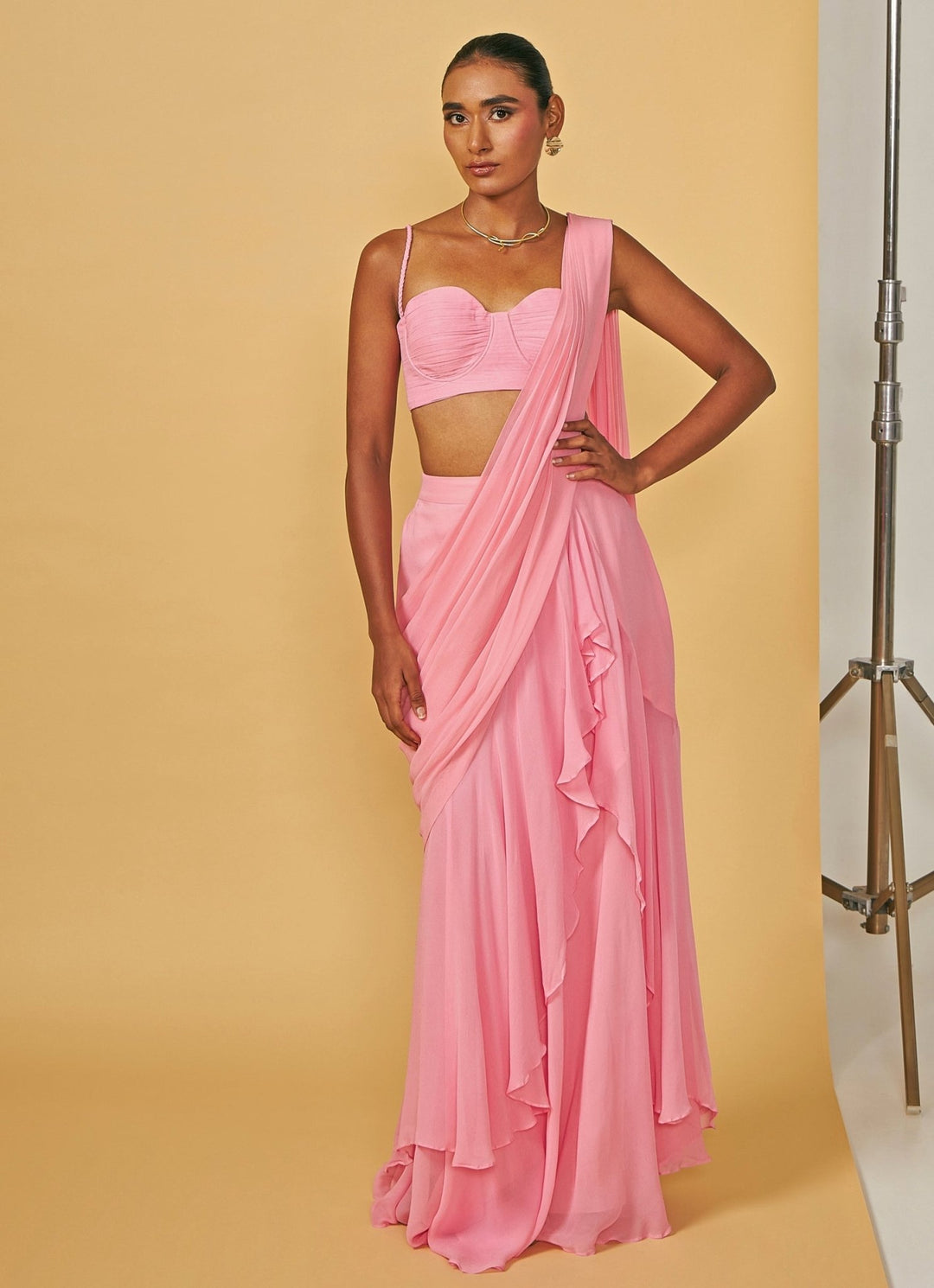 Baby Pink Pre Draped Pure Georgette Ruffle Saree Set With Bustier Blouse Ankita Bajaj Label - Fabilicious Fashion