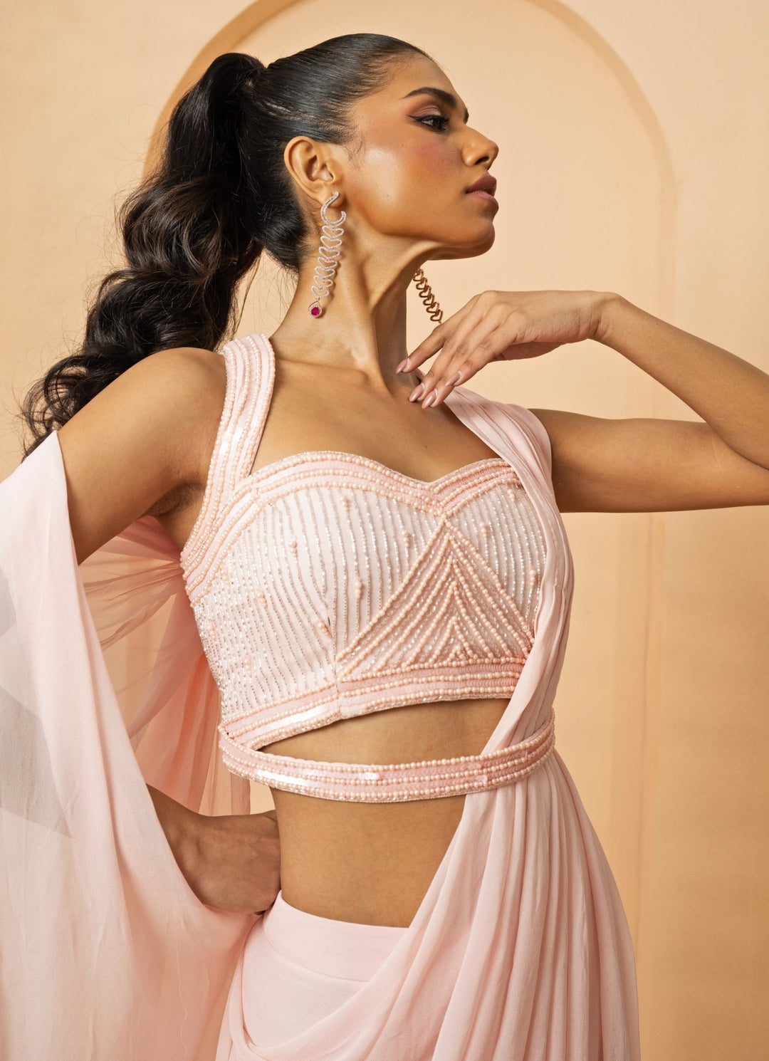 Baby Pink Pre - Stitched and Draped Georgette Saree Quench A Thirst - Fabilicious Fashion