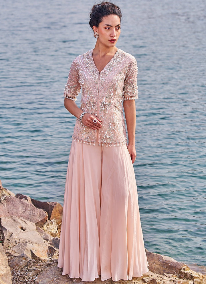 Baby Pink Sequins and Pearl Kurta Sharara Set Nidhika Shekhar - Fabilicious Fashion