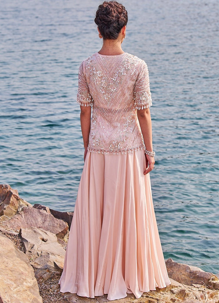 Baby Pink Sequins and Pearl Kurta Sharara Set Nidhika Shekhar - Fabilicious Fashion