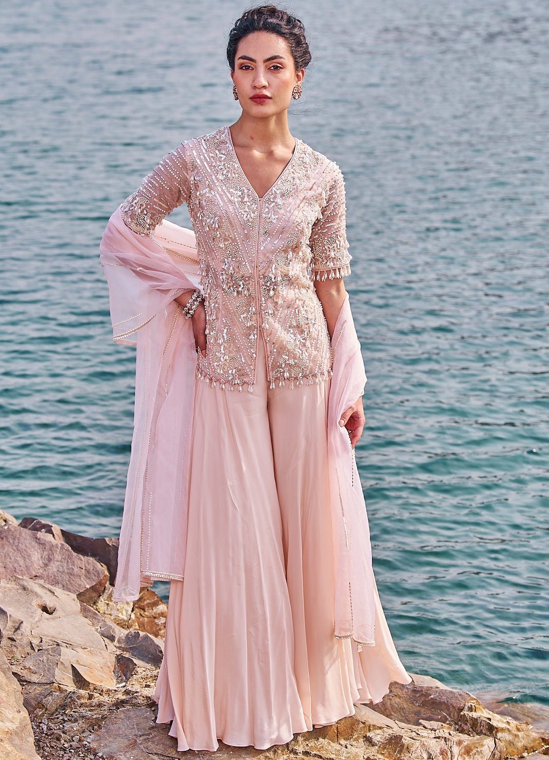 Nidhika Shekhar baby pink sequins kurta sharara — pastel wedding guest sharara