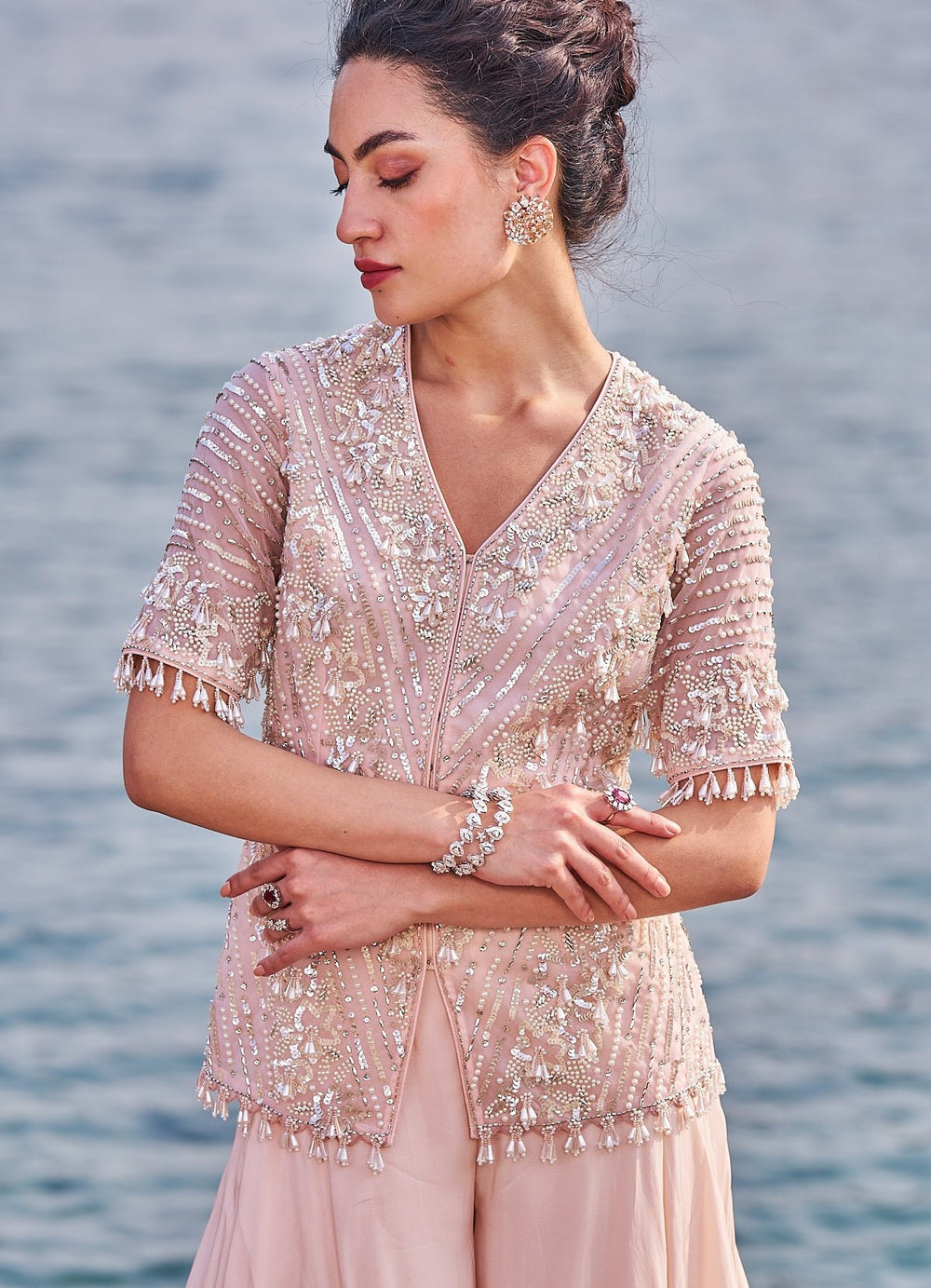 Baby Pink Sequins and Pearl Kurta Sharara Set Nidhika Shekhar - Fabilicious Fashion