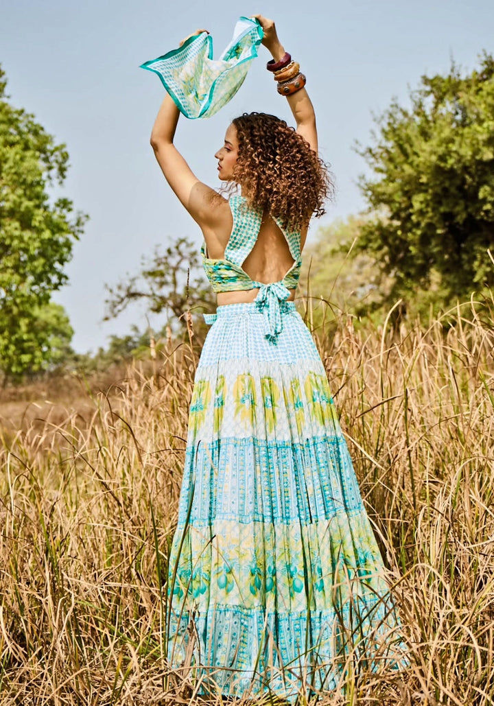 Aqua Green Printed Chiffon Lehenga Set