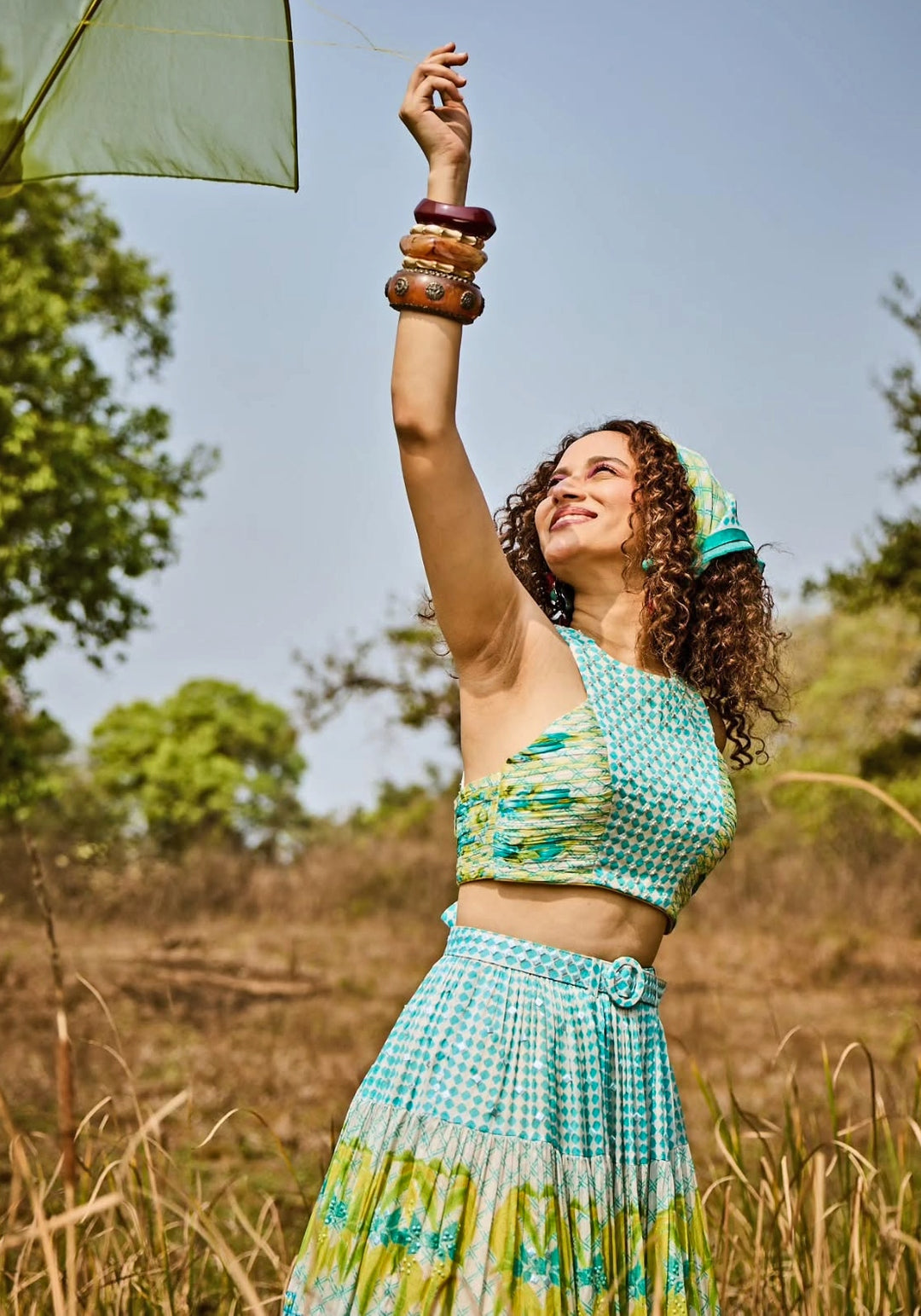 Aqua Green Printed Chiffon Lehenga Set
