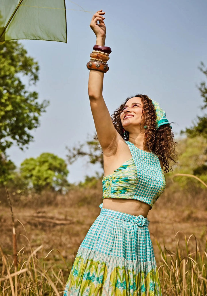 Aqua Green Printed Chiffon Lehenga Set
