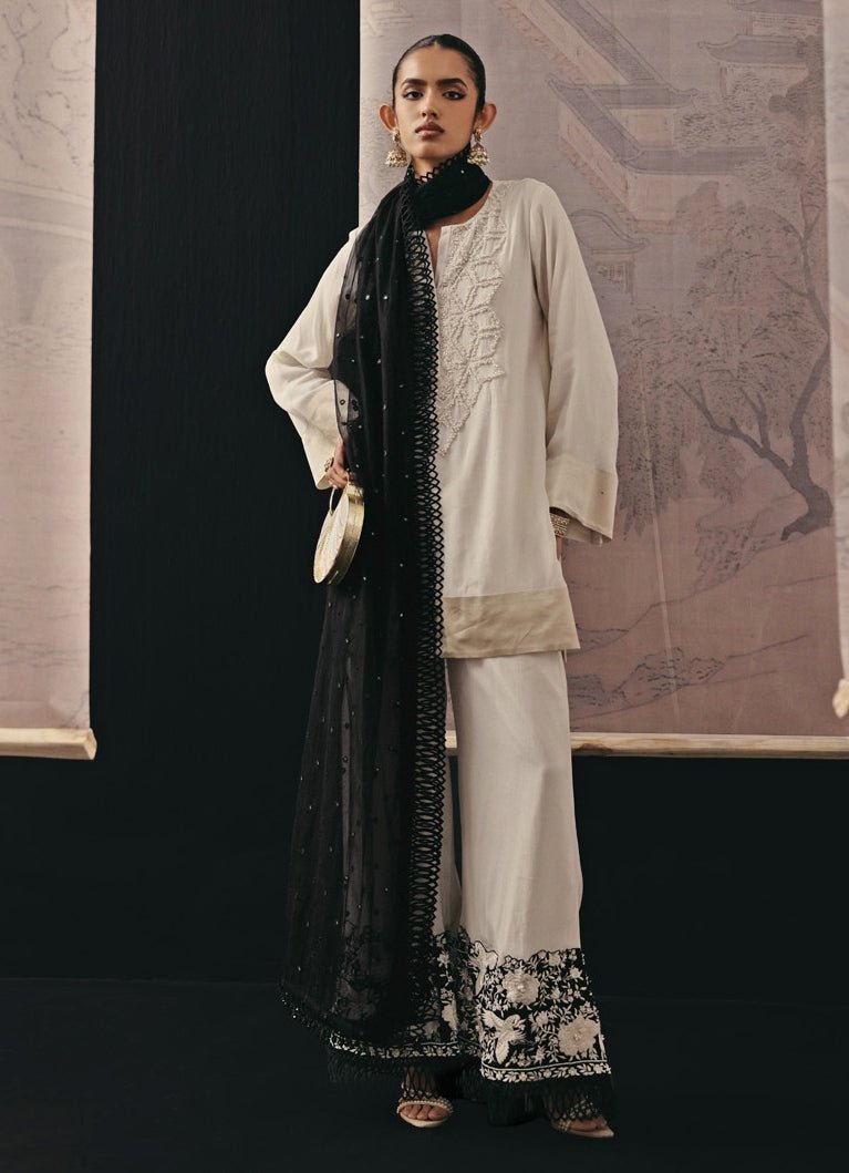 Beige And Black Crepe Silk Kurta Palazzo Set Twenty Nine - Fabilicious Fashion