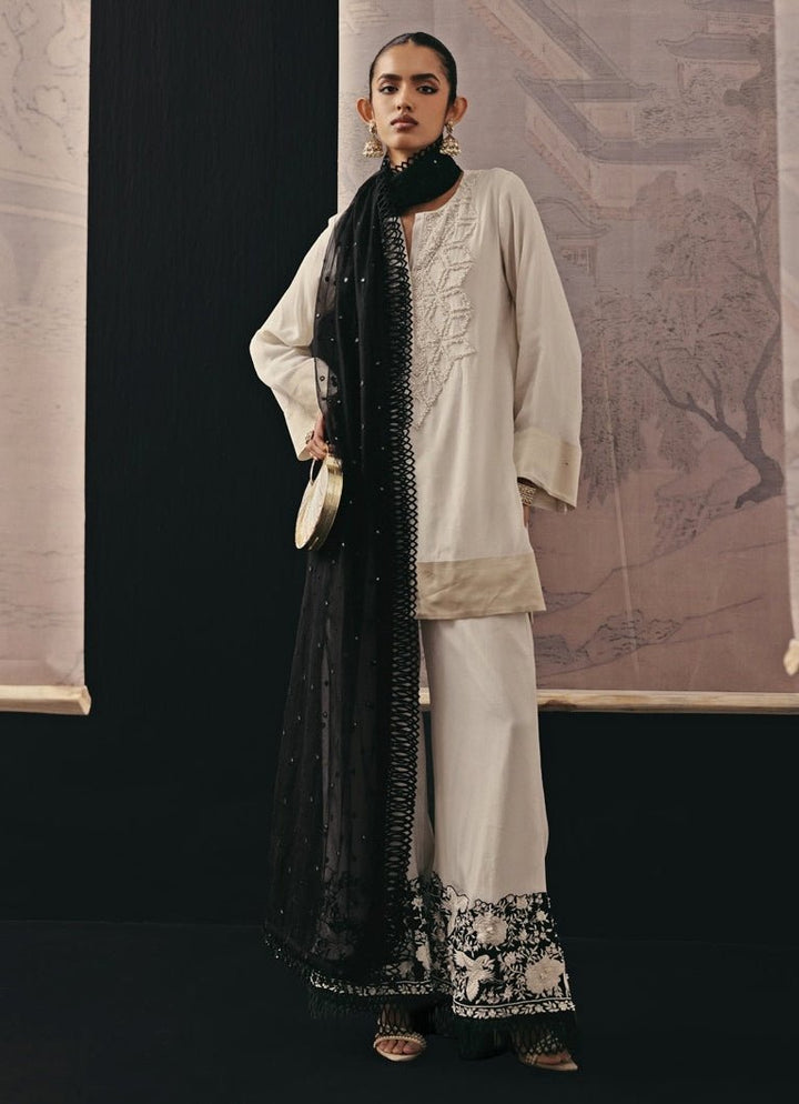 Beige And Black Crepe Silk Kurta Palazzo Set Twenty Nine - Fabilicious Fashion