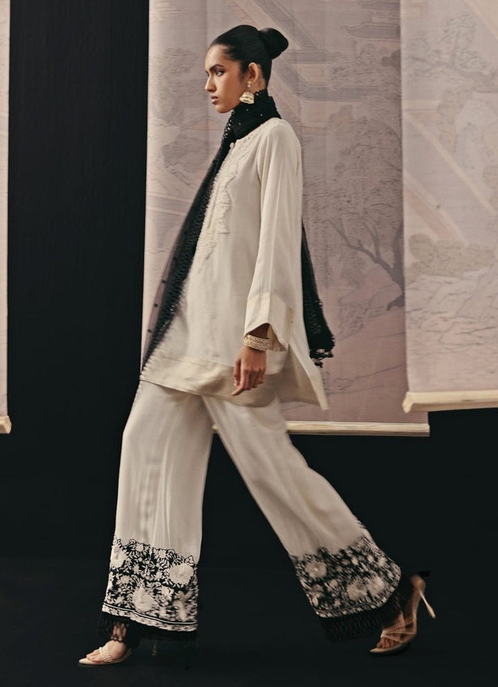 Beige And Black Crepe Silk Kurta Palazzo Set Twenty Nine - Fabilicious Fashion