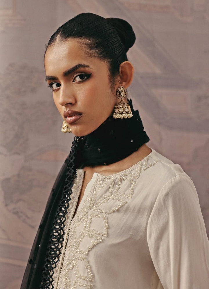 Beige And Black Crepe Silk Kurta Palazzo Set Twenty Nine - Fabilicious Fashion