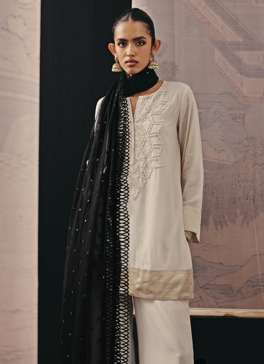 Beige And Black Crepe Silk Kurta Palazzo Set Twenty Nine - Fabilicious Fashion