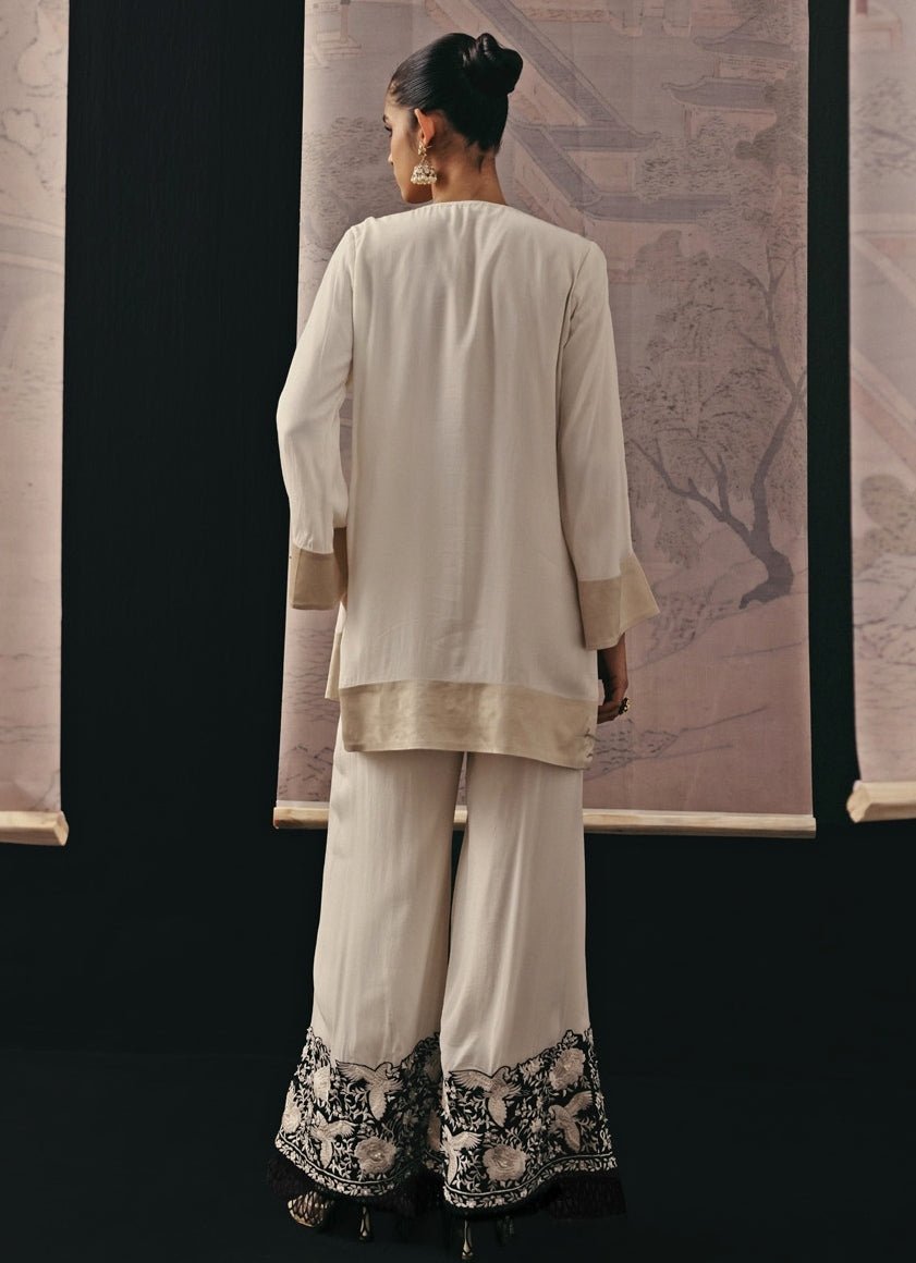 Beige And Black Crepe Silk Kurta Palazzo Set Twenty Nine - Fabilicious Fashion