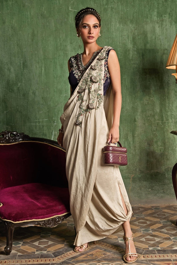 Beige and blue silk pre-draped concept saree by Prisho