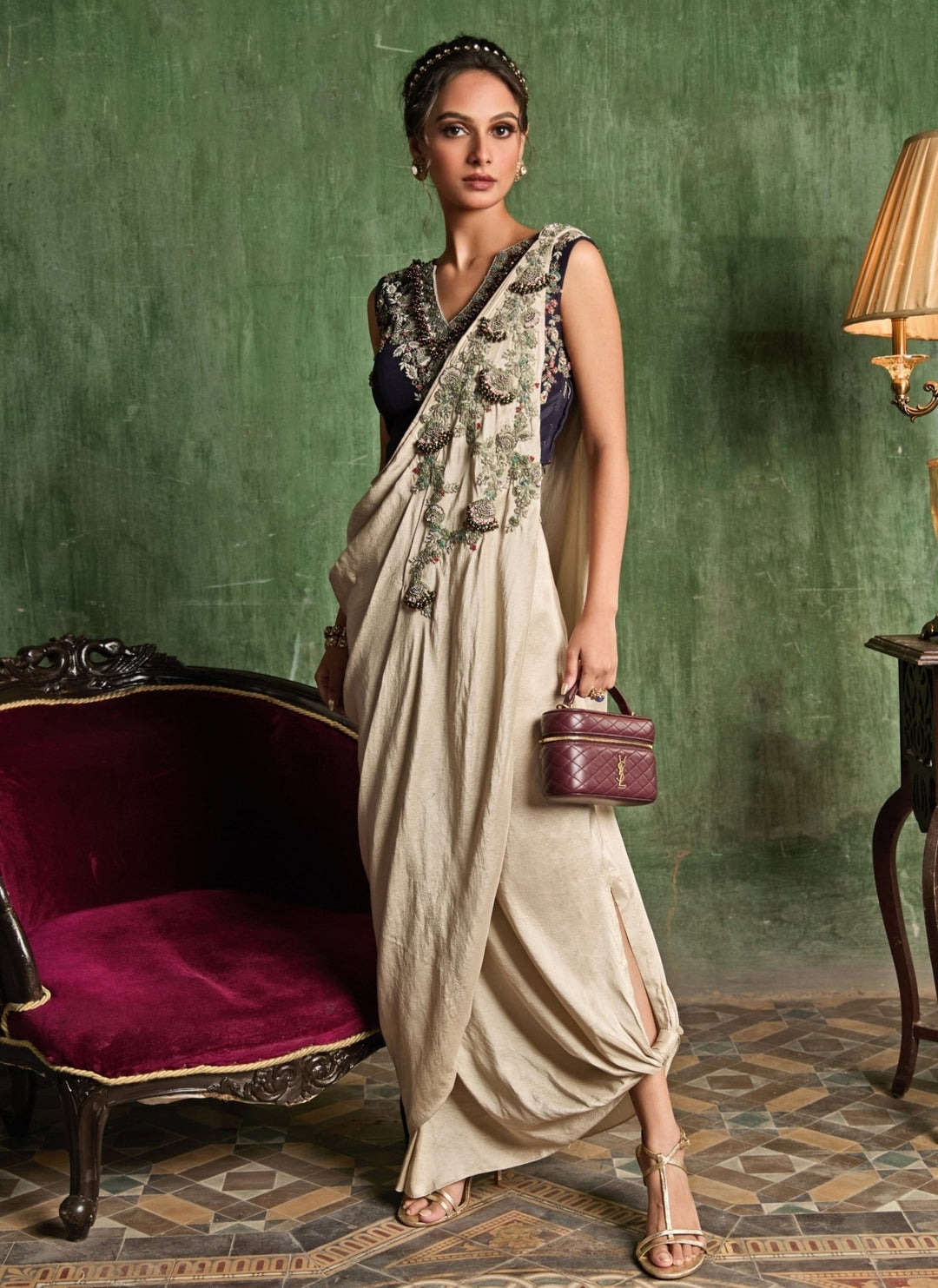 Prisho Beige And Blue Silk Pre-Draped Concept SareeFabilicious Fashion