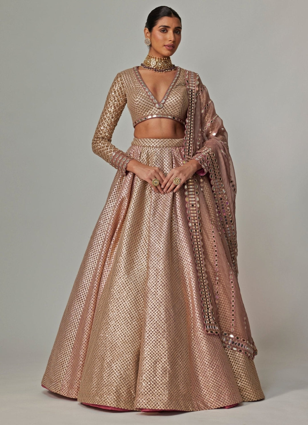 Beige And Blush Pink Embroidered Lehenga Set With Dupatta Vvani by Vani Vats - Fabilicious Fashion