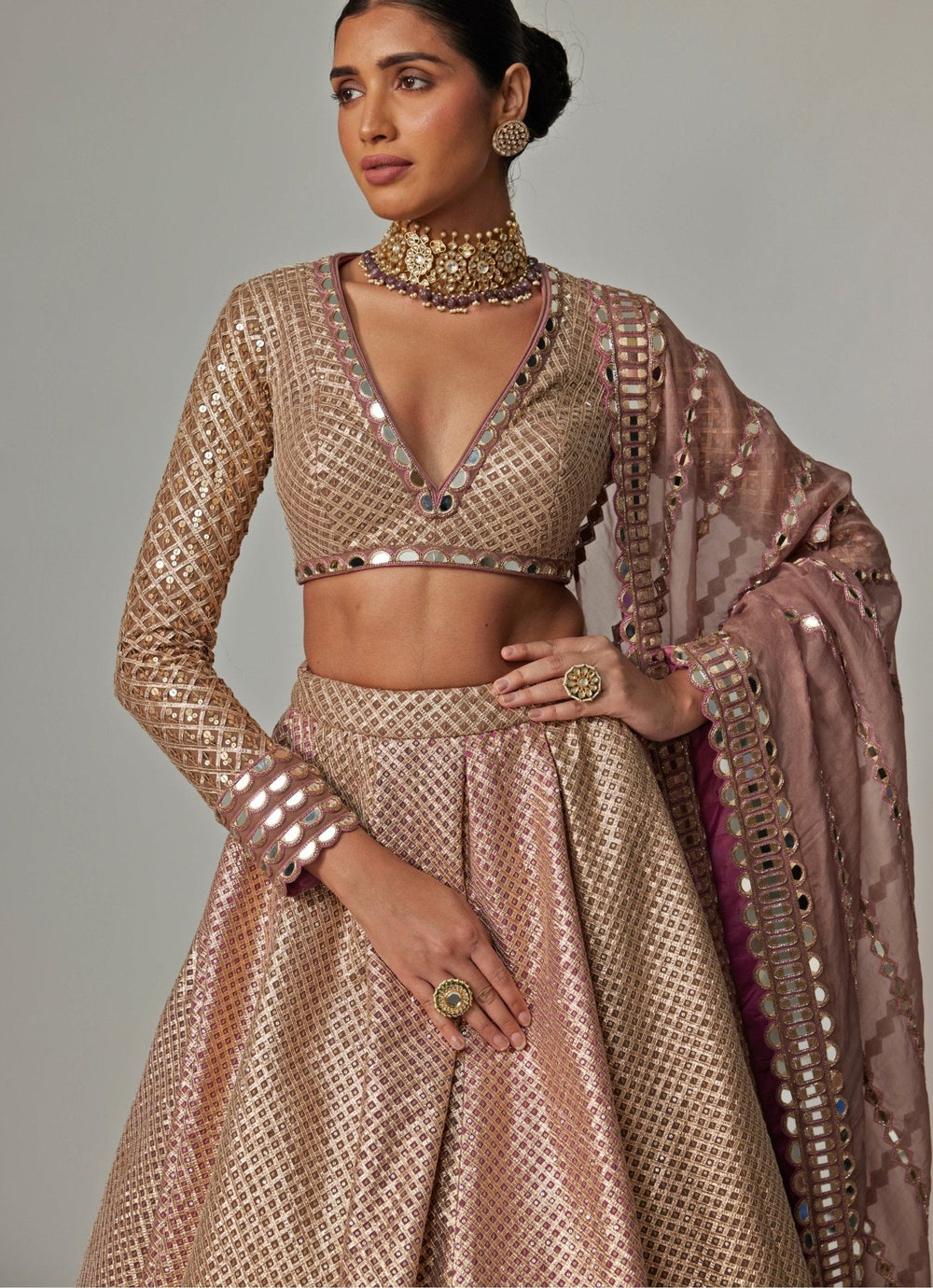 Beige And Blush Pink Embroidered Lehenga Set With Dupatta Vvani by Vani Vats - Fabilicious Fashion