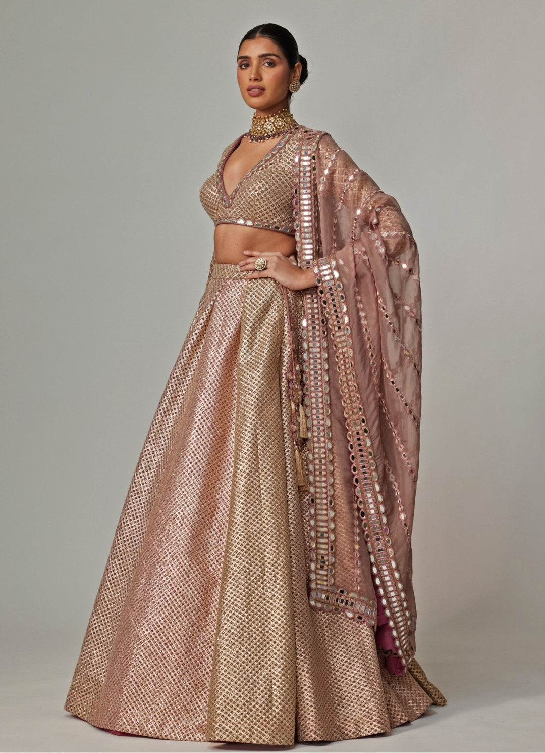 Beige And Blush Pink Embroidered Lehenga Set With Dupatta Vvani by Vani Vats - Fabilicious Fashion