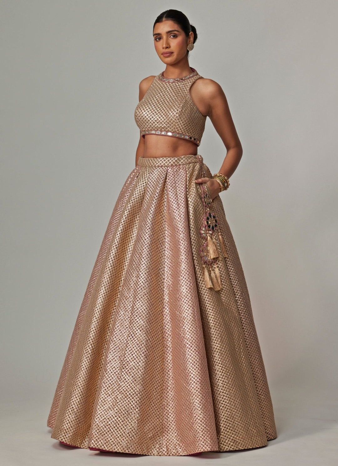 Beige And Blush Pink Embroidered Lehenga Set Vvani by Vani Vats - Fabilicious Fashion