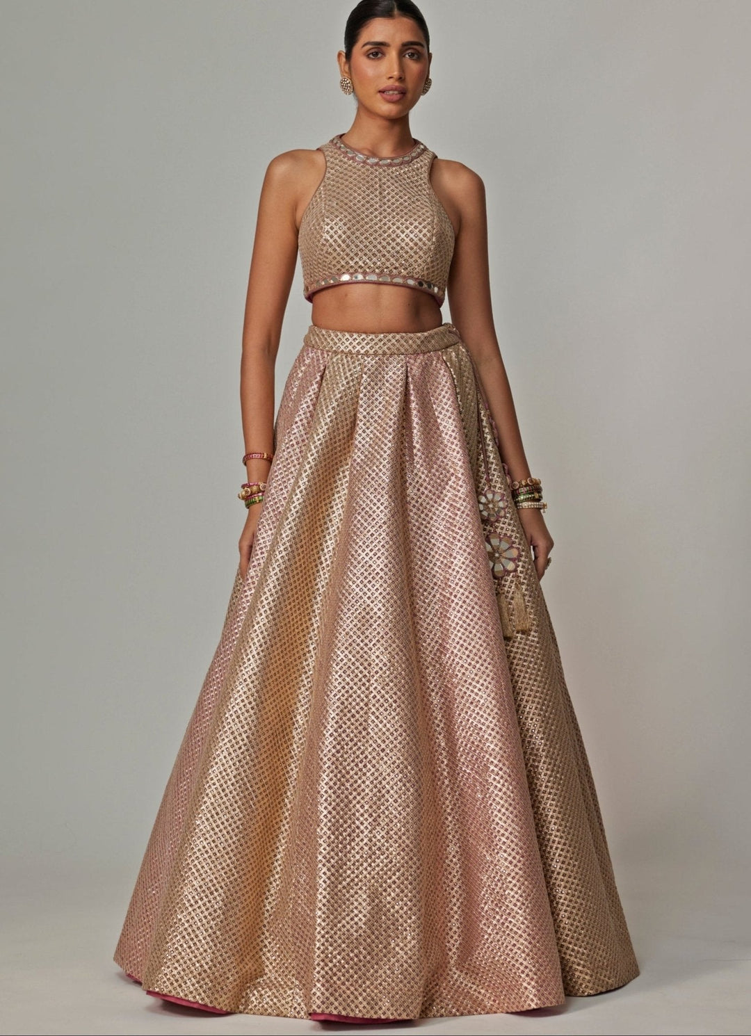 Beige And Blush Pink Embroidered Lehenga Set Vvani by Vani Vats - Fabilicious Fashion