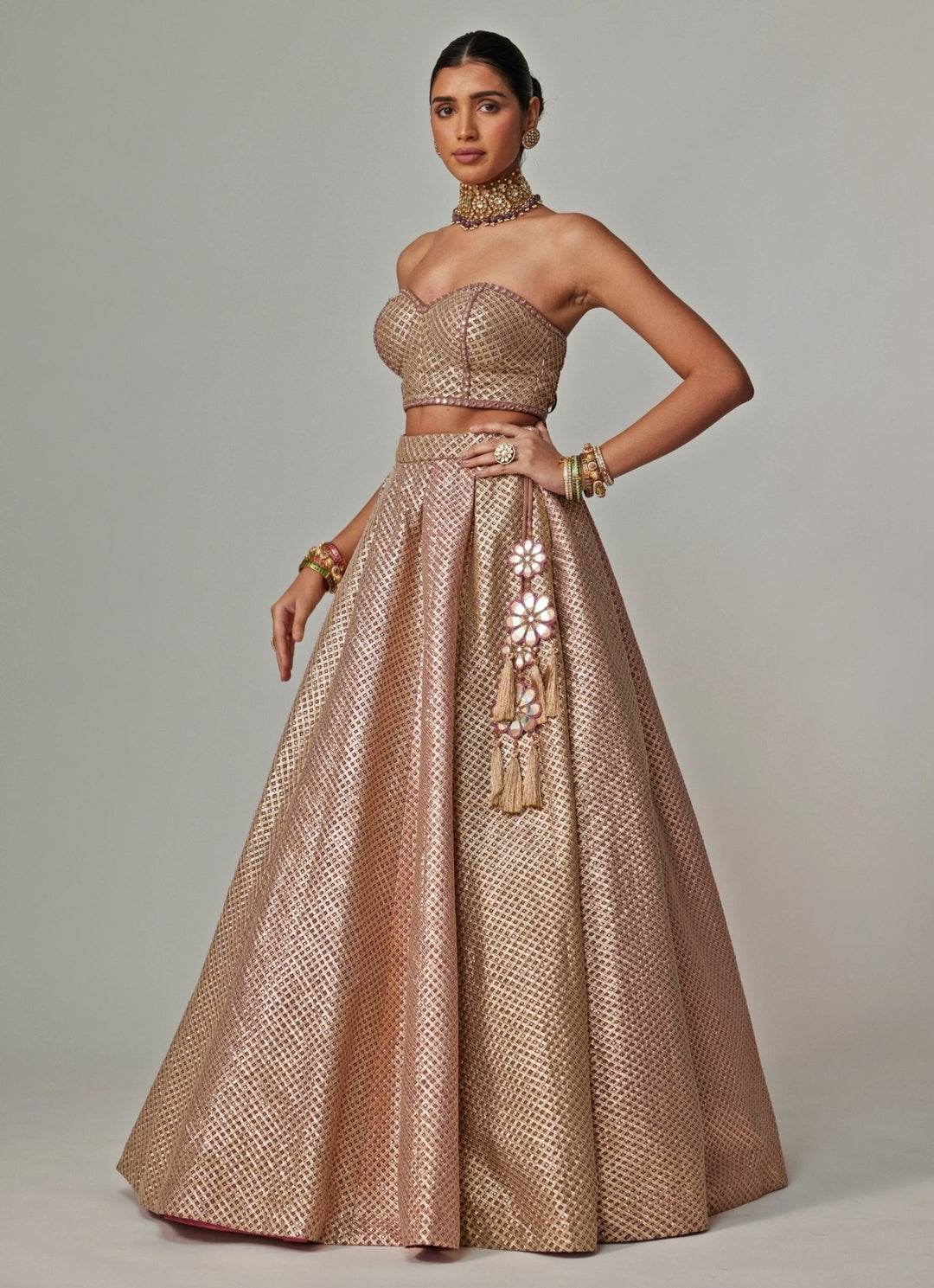 Beige And Blush Pink Embroidered Lehenga With Corset Blouse Vvani by Vani Vats - Fabilicious Fashion
