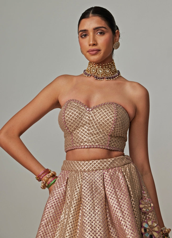 Beige And Blush Pink Embroidered Lehenga With Corset Blouse Vvani by Vani Vats - Fabilicious Fashion