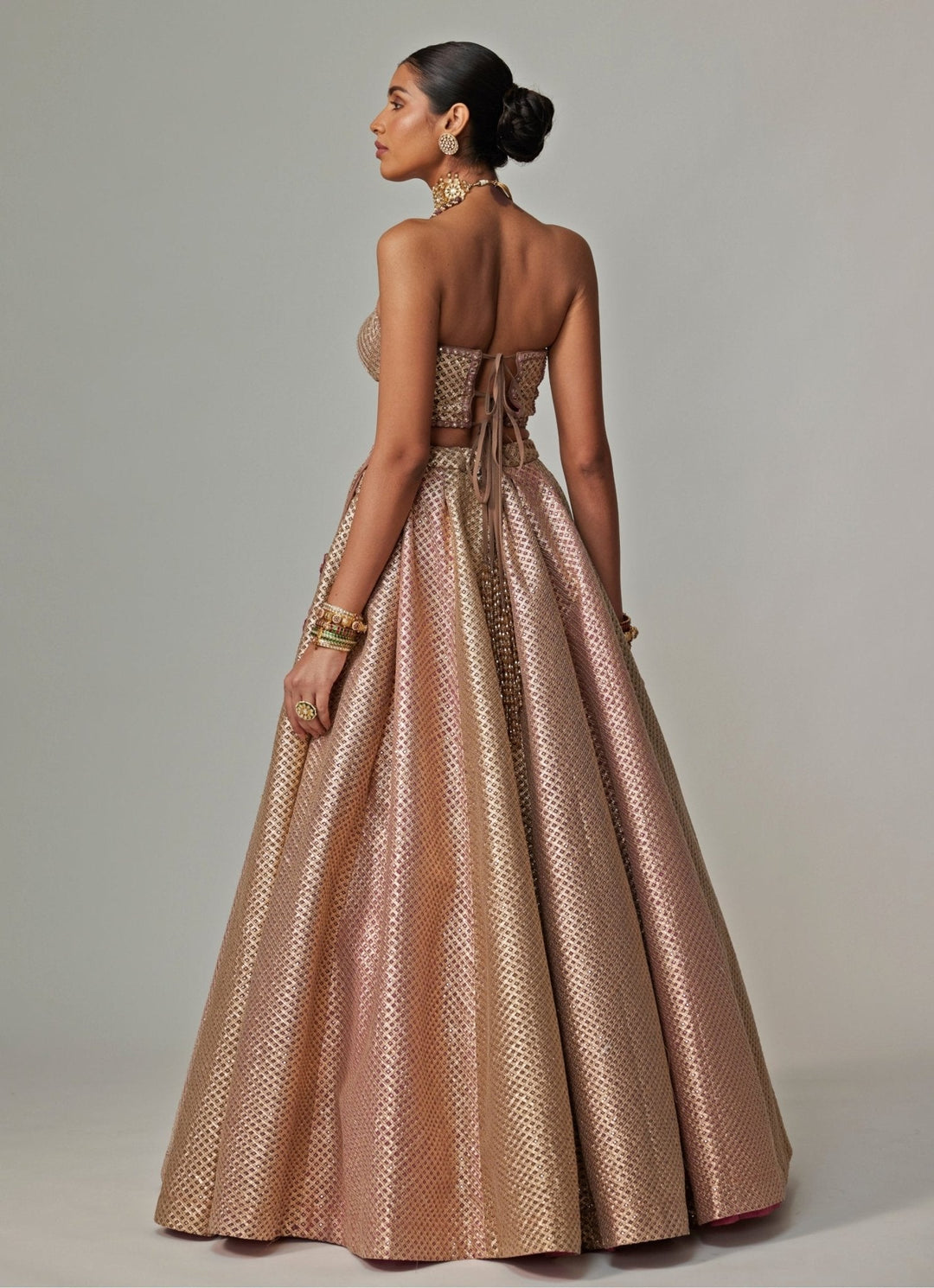 Beige And Blush Pink Embroidered Lehenga With Corset Blouse Vvani by Vani Vats - Fabilicious Fashion