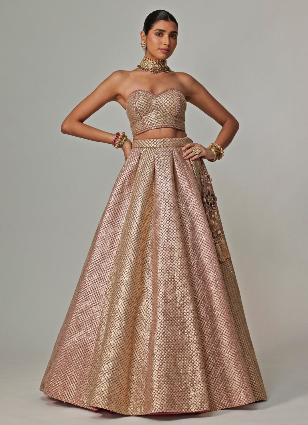 Beige And Blush Pink Embroidered Lehenga With Corset Blouse Vvani by Vani Vats - Fabilicious Fashion