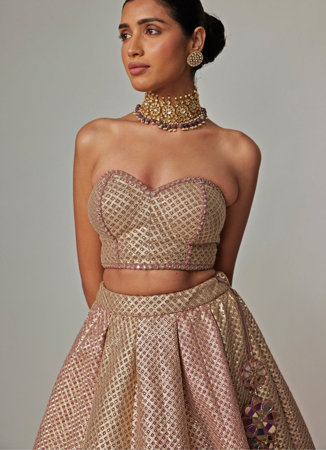 Beige And Blush Pink Embroidered Lehenga With Corset Blouse Vvani by Vani Vats - Fabilicious Fashion