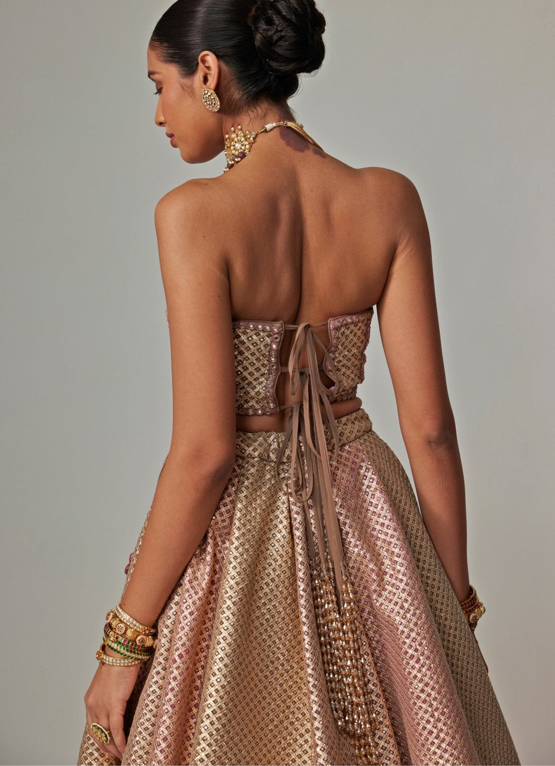 Beige And Blush Pink Embroidered Lehenga With Corset Blouse Vvani by Vani Vats - Fabilicious Fashion