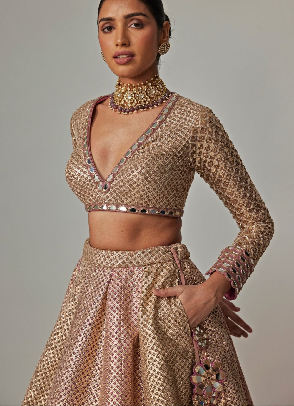 Beige And Blush Pink Embroidered Lehenga With Full Sleeve Blouse Vvani by Vani Vats - Fabilicious Fashion