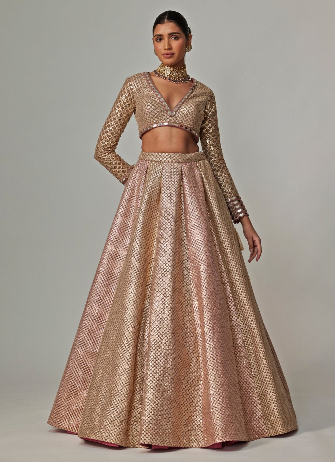 Beige And Blush Pink Embroidered Lehenga With Full Sleeve Blouse Vvani by Vani Vats - Fabilicious Fashion
