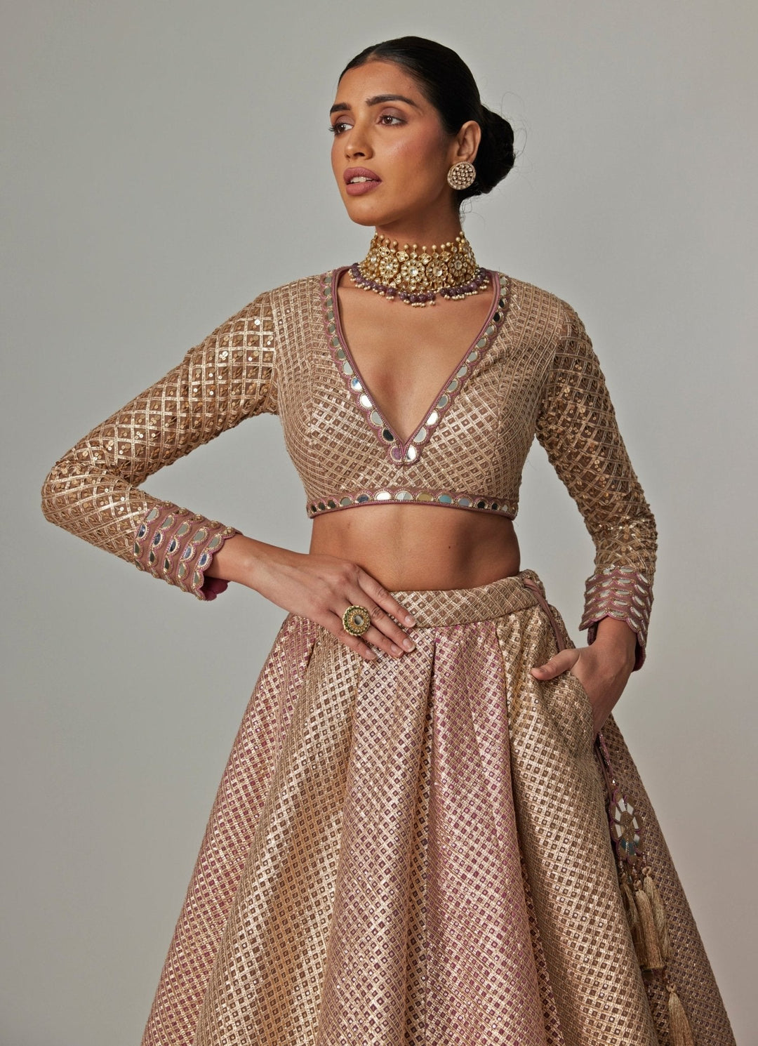 Beige And Blush Pink Embroidered Lehenga With Full Sleeve Blouse Vvani by Vani Vats - Fabilicious Fashion