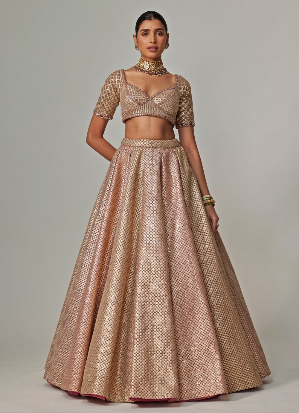 Beige And Blush Pink Embroidered Lehenga With Half Sleeve Blouse Vvani by Vani Vats - Fabilicious Fashion