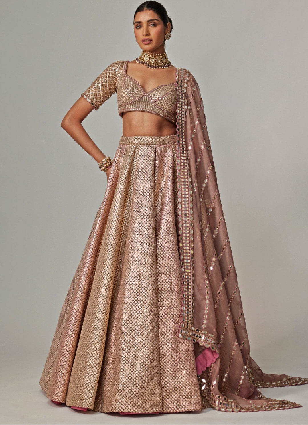 Beige And Blush Pink Embroidered Lehenga With Half Sleeve Blouse Vvani by Vani Vats - Fabilicious Fashion