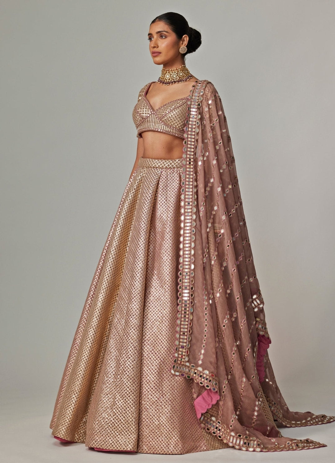 Beige And Blush Pink Embroidered Lehenga With Half Sleeve Blouse Vvani by Vani Vats - Fabilicious Fashion