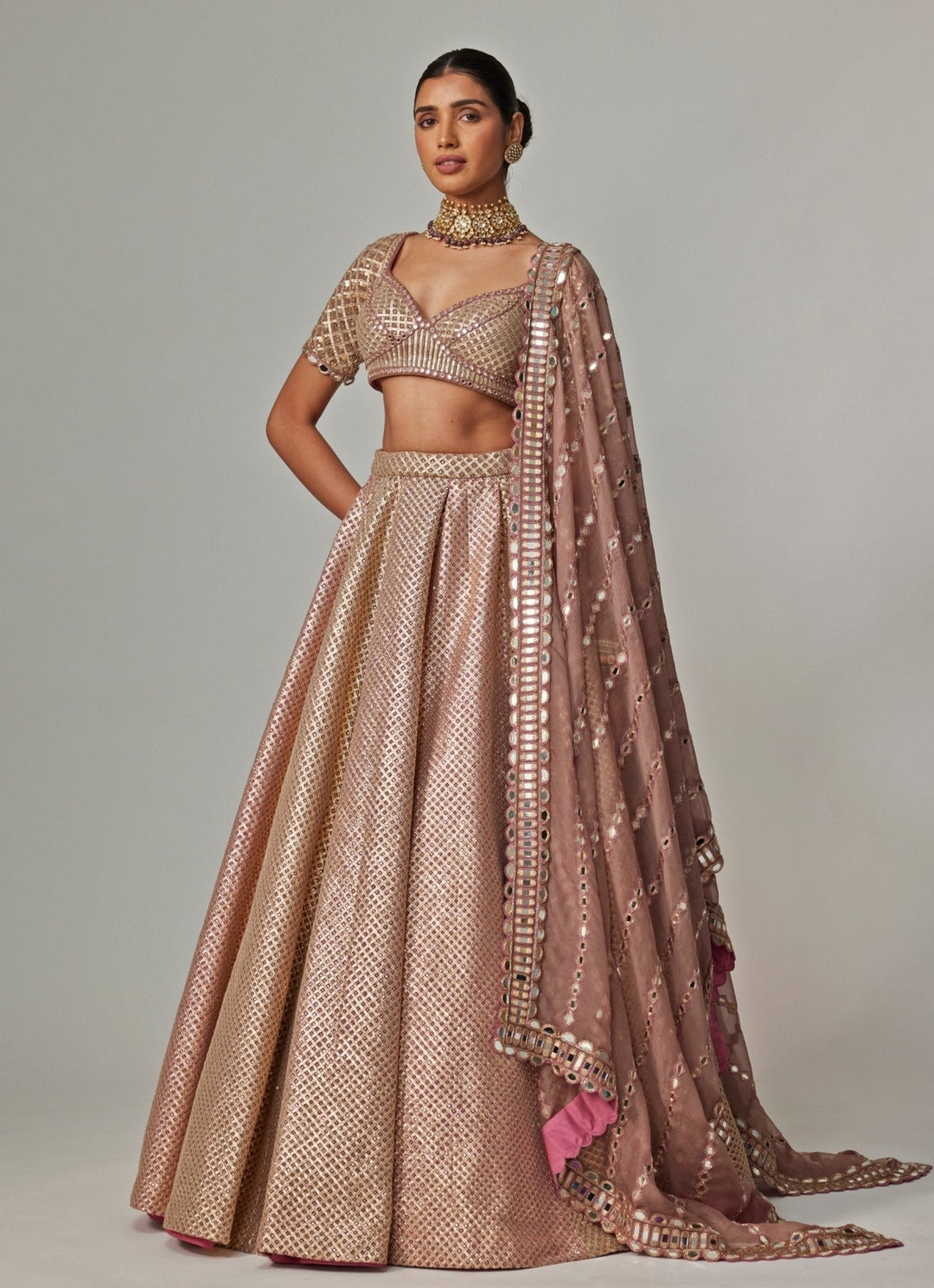 Beige And Blush Pink Embroidered Lehenga With Half Sleeve Blouse Vvani by Vani Vats - Fabilicious Fashion
