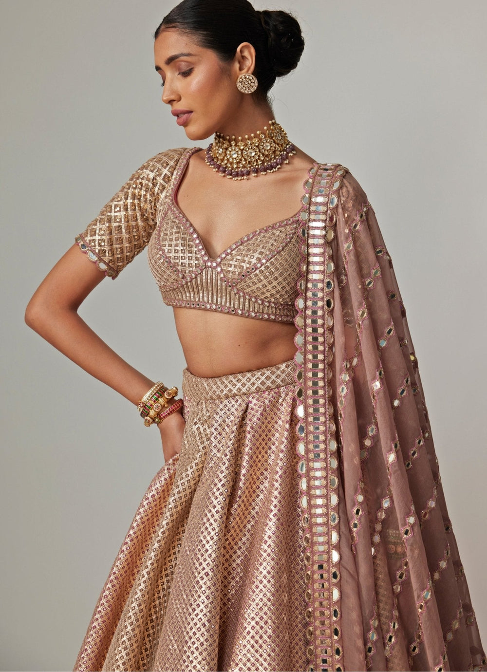 Beige And Blush Pink Metallic Lehenga With Half Sleeve Blouse Vvani by Vani Vats - Fabilicious Fashion